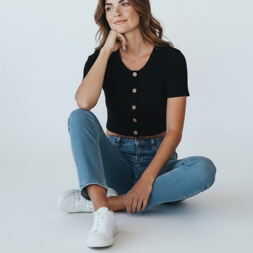 Reformation Buffy Crop Top Black Ribbed Button Front Womens Small